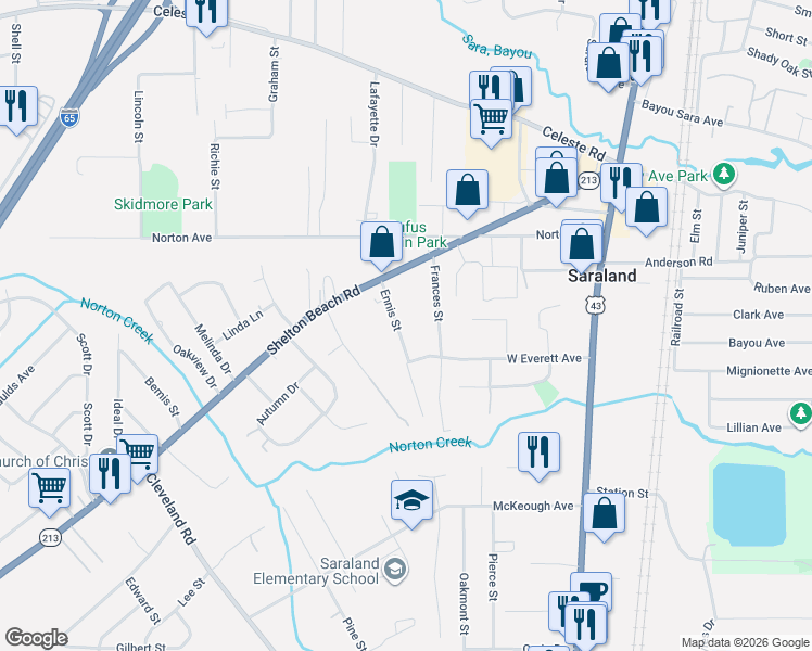 map of restaurants, bars, coffee shops, grocery stores, and more near 114 Ennis Street in Saraland