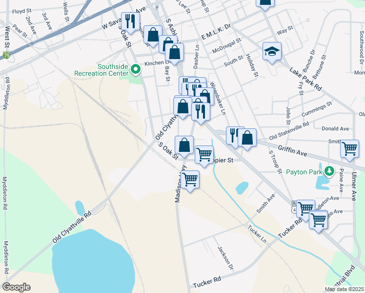 map of restaurants, bars, coffee shops, grocery stores, and more near 404 Cummings Street in Valdosta