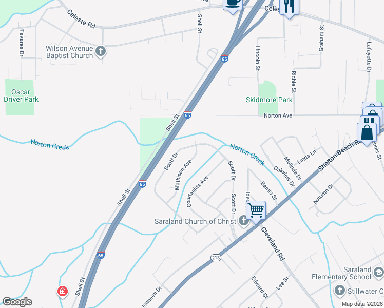 map of restaurants, bars, coffee shops, grocery stores, and more near 113 Mathieson Ave in Saraland
