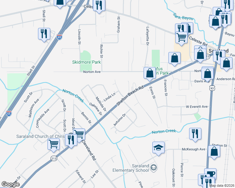 map of restaurants, bars, coffee shops, grocery stores, and more near 101-115 Sara Forest Drive in Saraland