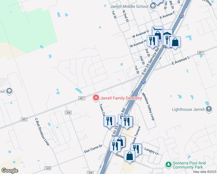 map of restaurants, bars, coffee shops, grocery stores, and more near 303 Farm to Market Road 487 in Jarrell