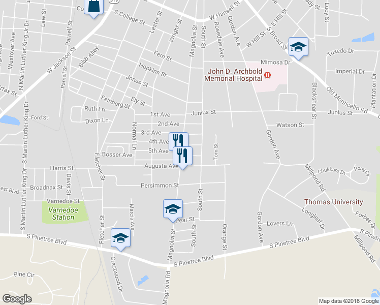 map of restaurants, bars, coffee shops, grocery stores, and more near 111 Balcom Avenue in Thomasville