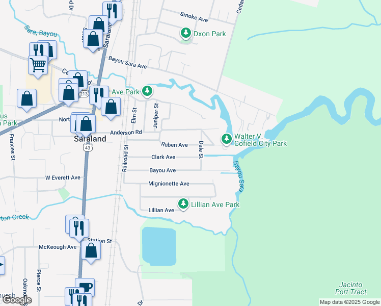 map of restaurants, bars, coffee shops, grocery stores, and more near 316 Clark Avenue in Saraland