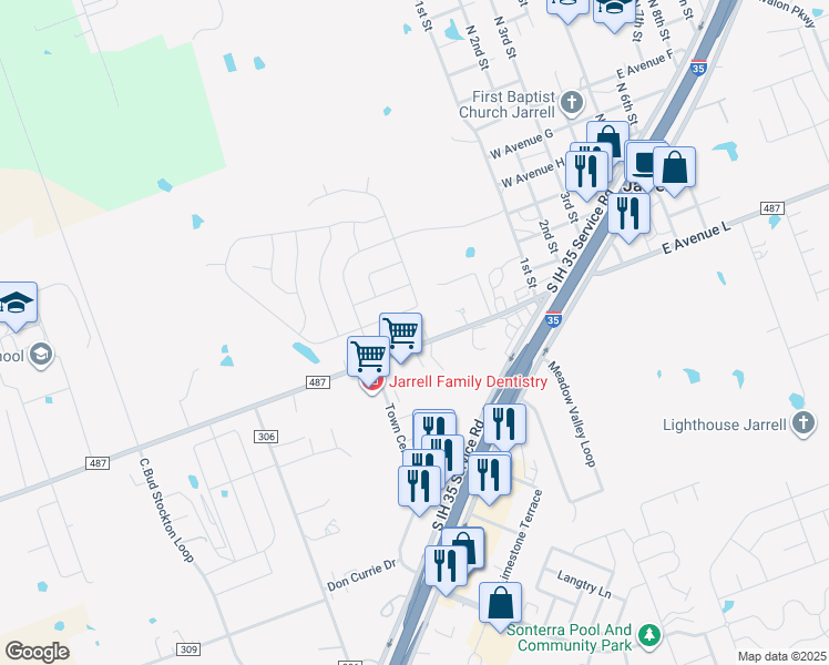 map of restaurants, bars, coffee shops, grocery stores, and more near 180 Town Center Boulevard in Jarrell