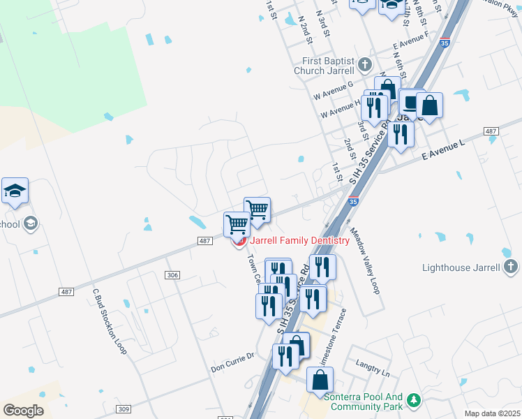 map of restaurants, bars, coffee shops, grocery stores, and more near 180 Town Center Boulevard in Jarrell