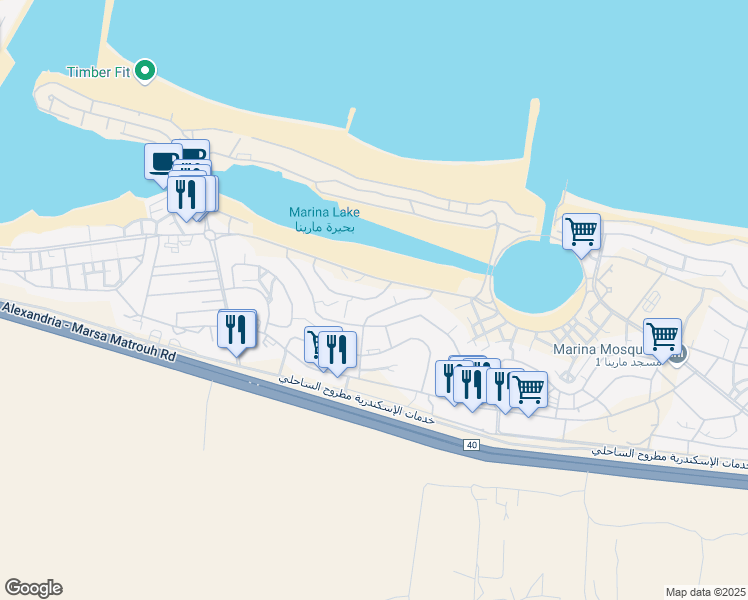 map of restaurants, bars, coffee shops, grocery stores, and more near in Marina El Alamein