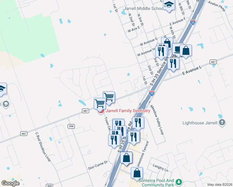 map of restaurants, bars, coffee shops, grocery stores, and more near 144 Walter Way in Jarrell