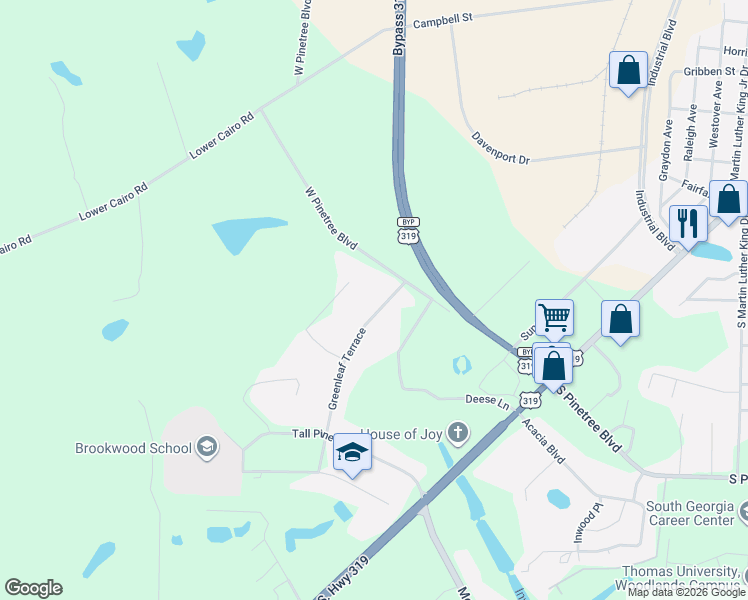 map of restaurants, bars, coffee shops, grocery stores, and more near 114 Burning Leaf Drive in Thomasville