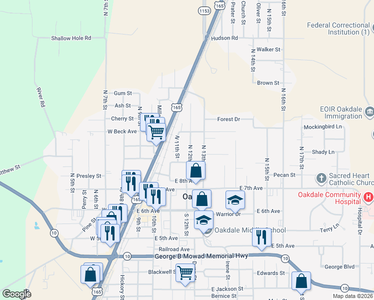 map of restaurants, bars, coffee shops, grocery stores, and more near 413 North 12th Street in Oakdale