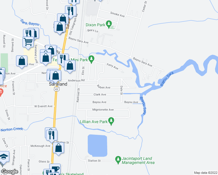 map of restaurants, bars, coffee shops, grocery stores, and more near 304 Ruben Avenue in Saraland