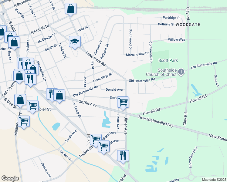 map of restaurants, bars, coffee shops, grocery stores, and more near 723 Donald Avenue in Valdosta
