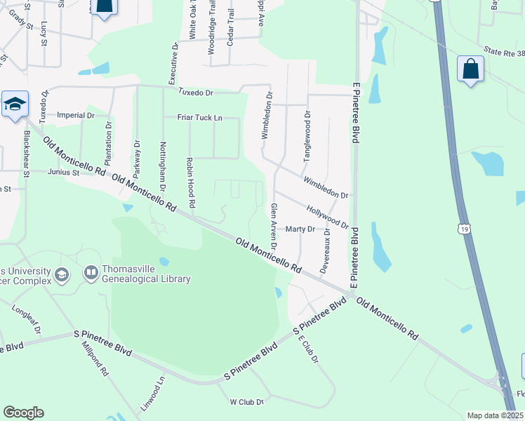 map of restaurants, bars, coffee shops, grocery stores, and more near 104 Stiles Lane in Thomasville