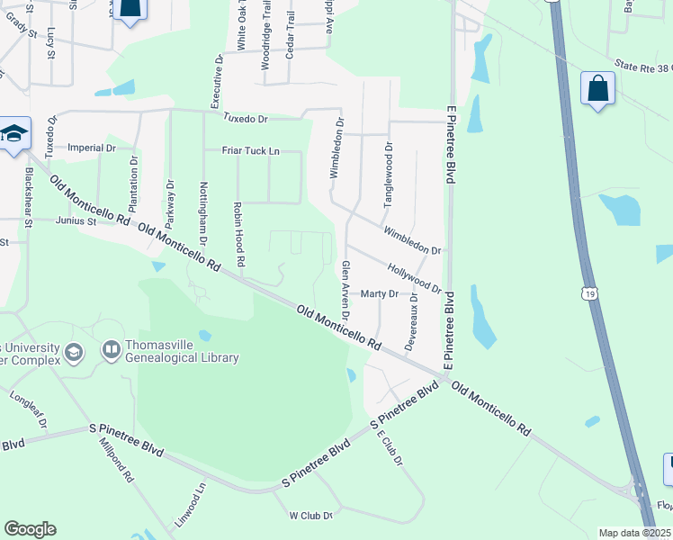 map of restaurants, bars, coffee shops, grocery stores, and more near 104 Stiles Lane in Thomasville