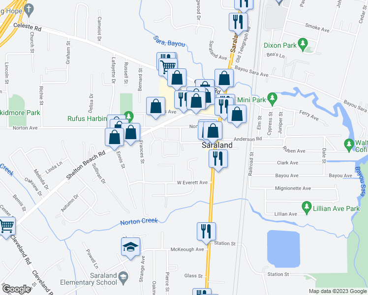 map of restaurants, bars, coffee shops, grocery stores, and more near 35 Davis Avenue in Saraland