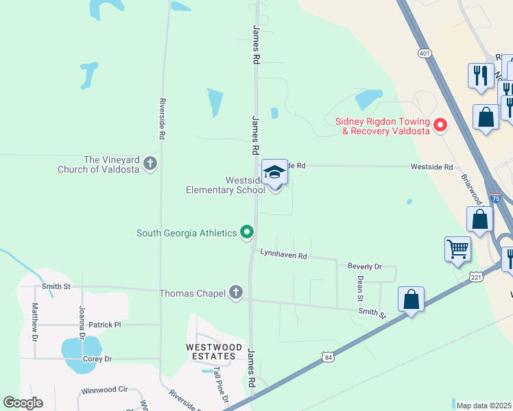 map of restaurants, bars, coffee shops, grocery stores, and more near 2462 James Road in Valdosta