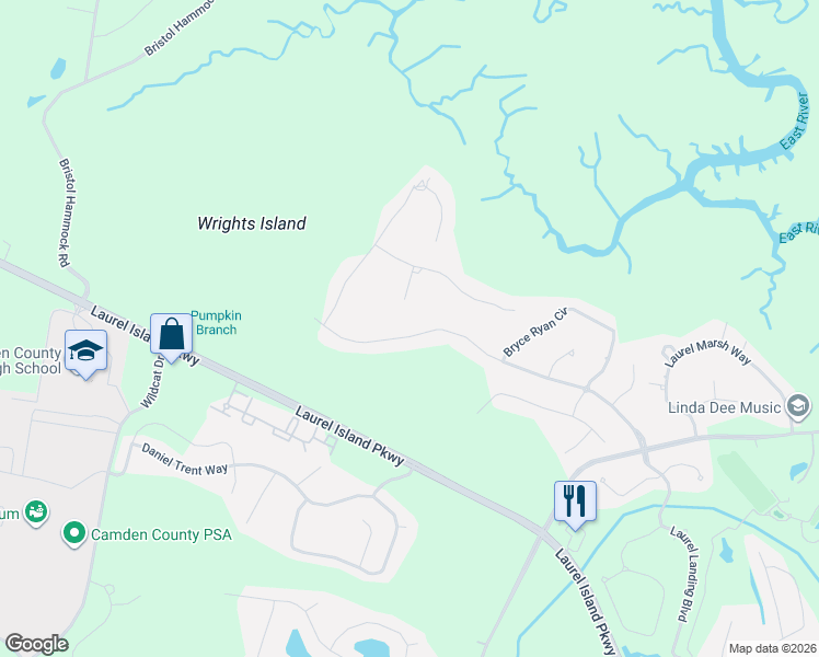 map of restaurants, bars, coffee shops, grocery stores, and more near Fiddlers Cove Drive in Kingsland