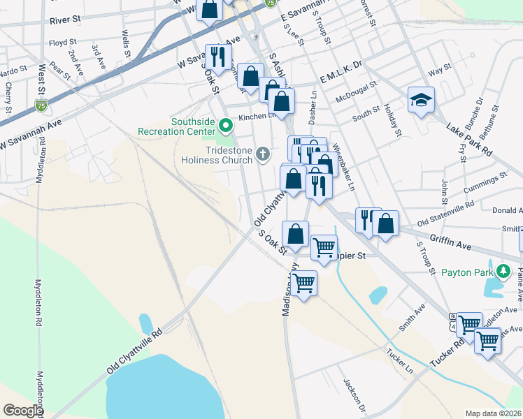map of restaurants, bars, coffee shops, grocery stores, and more near 908 1/2 South Toombs Street in Valdosta