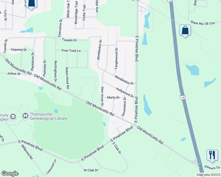map of restaurants, bars, coffee shops, grocery stores, and more near 2006 Hollywood Drive in Thomasville