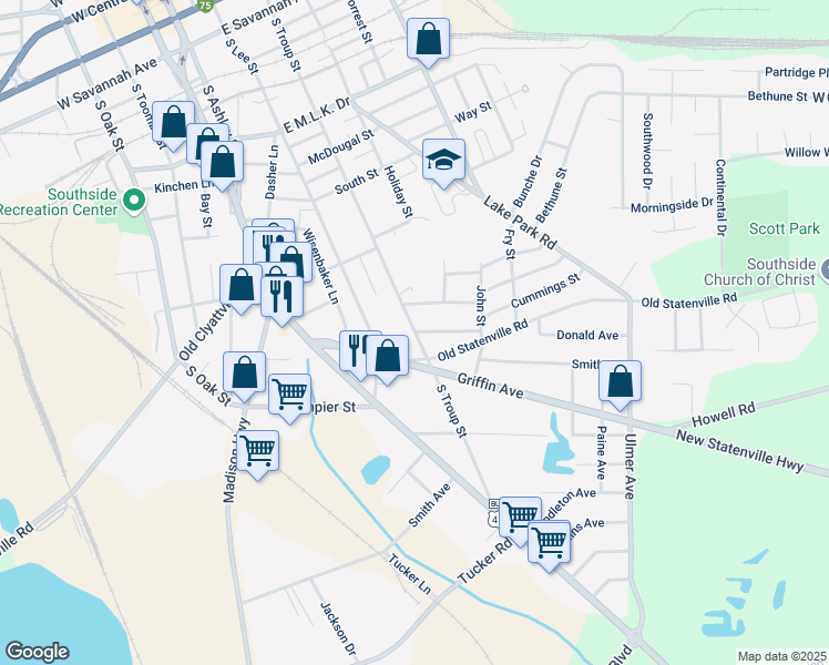 map of restaurants, bars, coffee shops, grocery stores, and more near 900 South Troup Street in Valdosta