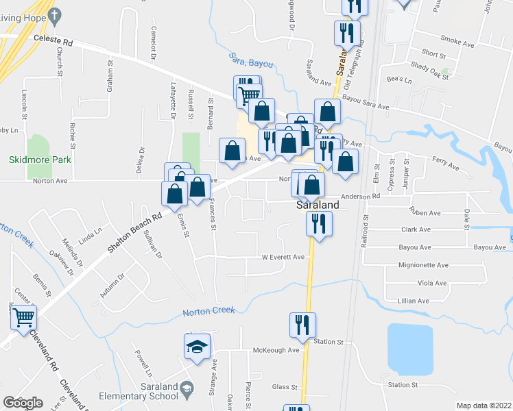 map of restaurants, bars, coffee shops, grocery stores, and more near 35 Davis Avenue in Saraland