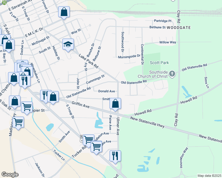map of restaurants, bars, coffee shops, grocery stores, and more near 723 Donald Avenue in Valdosta