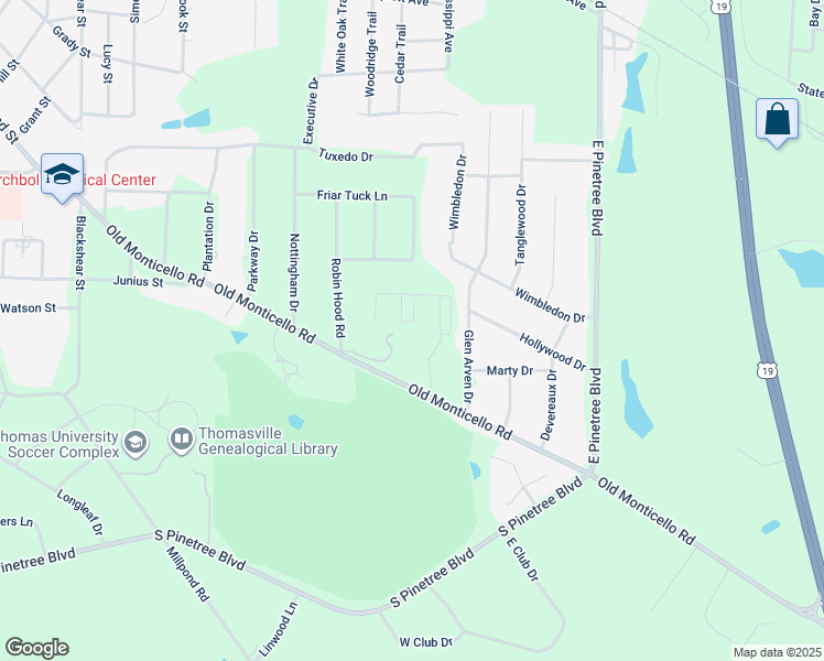 map of restaurants, bars, coffee shops, grocery stores, and more near 1701 Old Monticello Road in Thomasville
