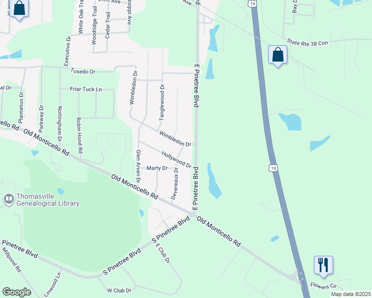 map of restaurants, bars, coffee shops, grocery stores, and more near 2204 Wimbledon Drive in Thomasville