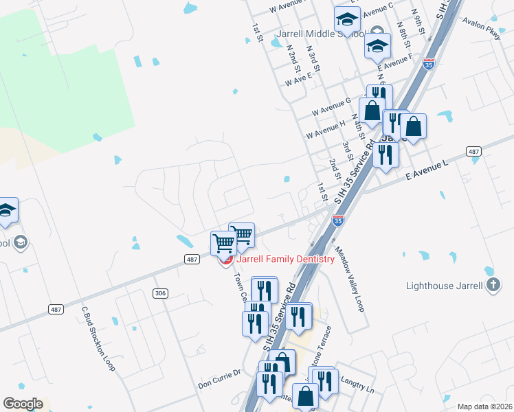 map of restaurants, bars, coffee shops, grocery stores, and more near 144 Walter Way in Jarrell