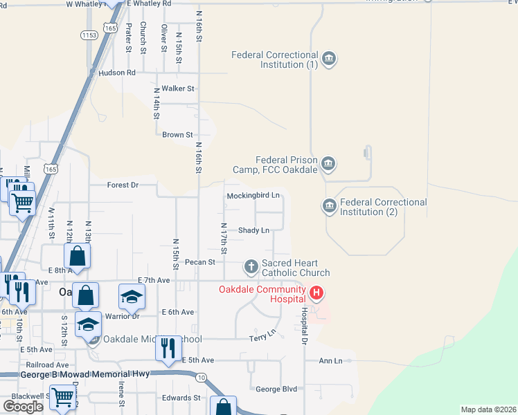 map of restaurants, bars, coffee shops, grocery stores, and more near 1205-1225 Mockingbird Lane in Oakdale