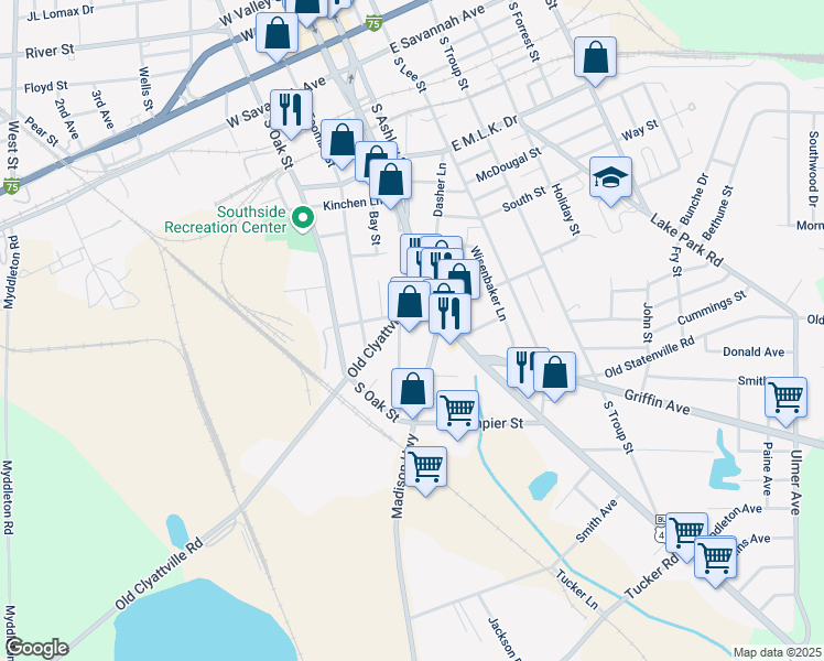 map of restaurants, bars, coffee shops, grocery stores, and more near 703 Old Clyattville Rd in Valdosta