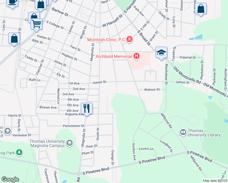 map of restaurants, bars, coffee shops, grocery stores, and more near 505 Junius Street in Thomasville