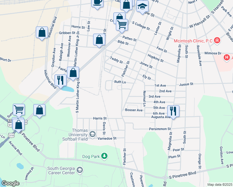 map of restaurants, bars, coffee shops, grocery stores, and more near 1306 Fletcher Street in Thomasville