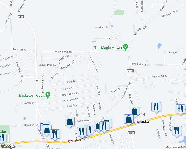 map of restaurants, bars, coffee shops, grocery stores, and more near 282 Rim Rock Road in Onalaska
