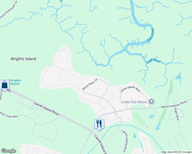 map of restaurants, bars, coffee shops, grocery stores, and more near 134 Bryce Ryan Circle in Kingsland