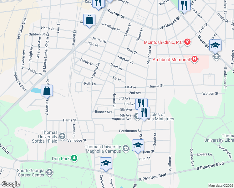 map of restaurants, bars, coffee shops, grocery stores, and more near 915 Lester Street in Thomasville