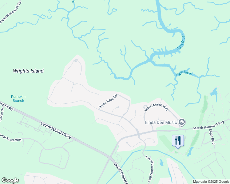 map of restaurants, bars, coffee shops, grocery stores, and more near 134 Bryce Ryan Circle in Kingsland