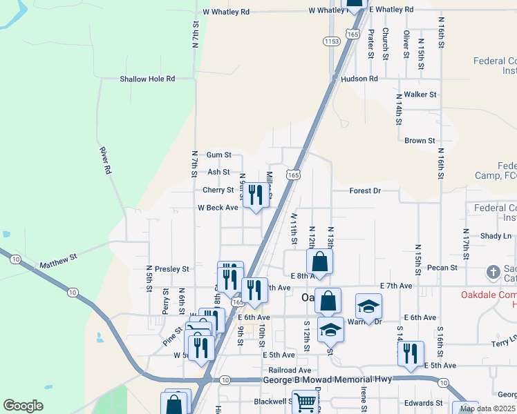 map of restaurants, bars, coffee shops, grocery stores, and more near 411 Fisher Street in Oakdale