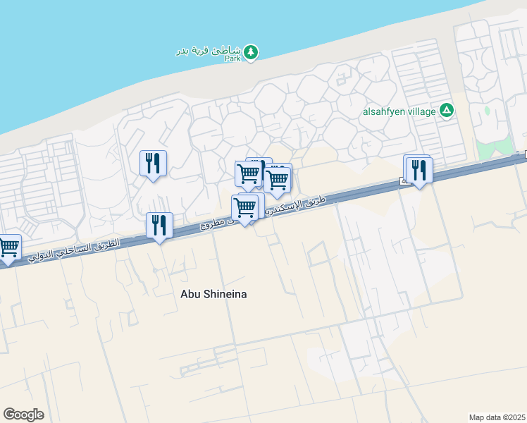 map of restaurants, bars, coffee shops, grocery stores, and more near 81 Alexandria - Marsa Matrouh Road in North Coast