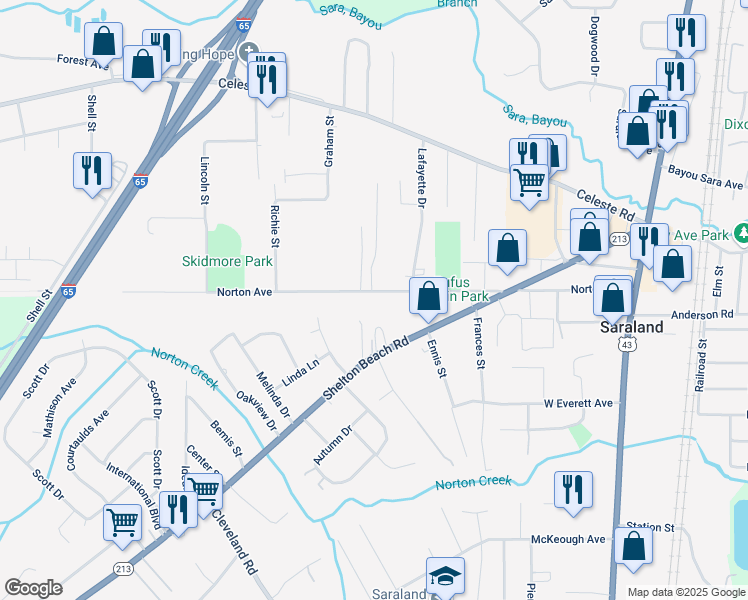 map of restaurants, bars, coffee shops, grocery stores, and more near 407 Norton Avenue in Saraland