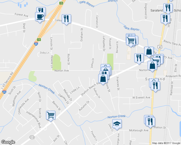 map of restaurants, bars, coffee shops, grocery stores, and more near 407 Norton Avenue in Saraland