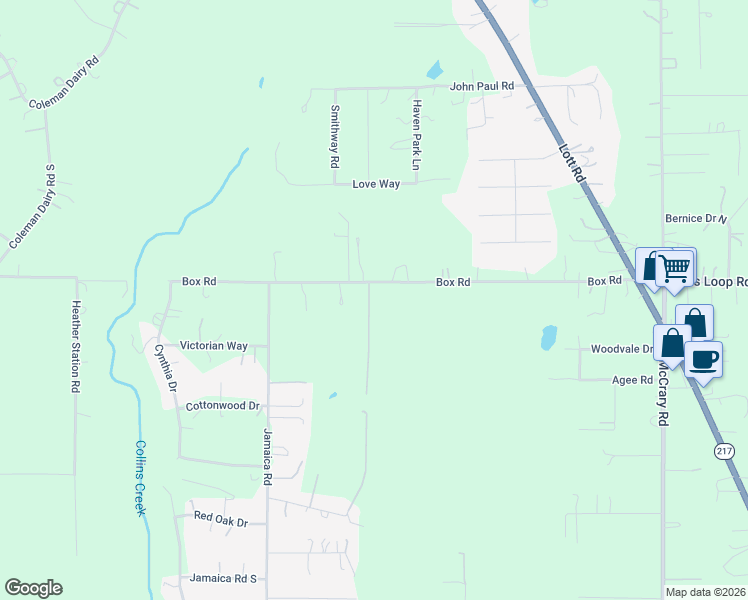 map of restaurants, bars, coffee shops, grocery stores, and more near 9801-9819 Box Road in Semmes