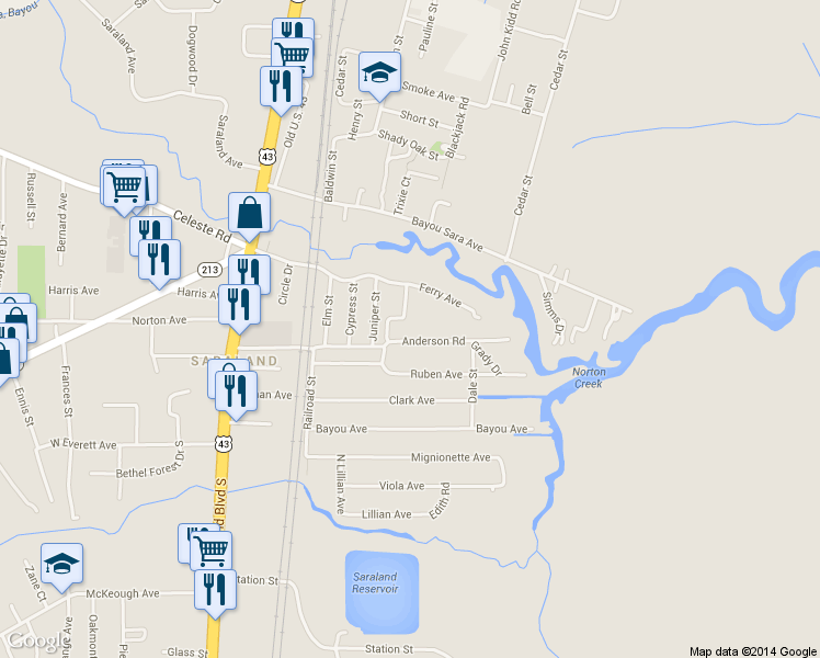 map of restaurants, bars, coffee shops, grocery stores, and more near 226 Anderson Road in Saraland