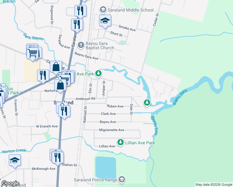 map of restaurants, bars, coffee shops, grocery stores, and more near 226 Anderson Rd in Saraland