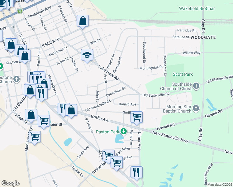 map of restaurants, bars, coffee shops, grocery stores, and more near 717 Cummings Place in Valdosta
