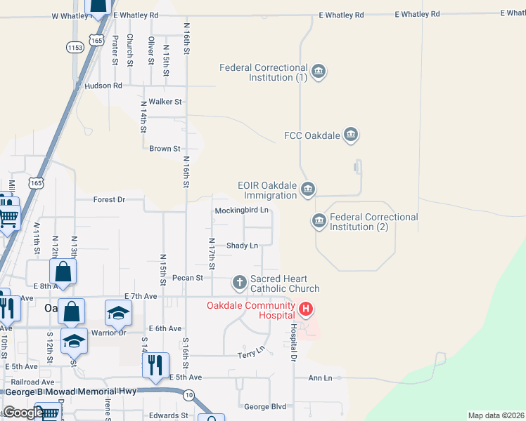 map of restaurants, bars, coffee shops, grocery stores, and more near 1114-1222 Mockingbird Lane in Oakdale