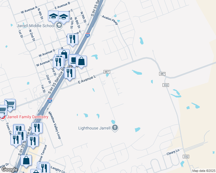 map of restaurants, bars, coffee shops, grocery stores, and more near 111 Park Meadow Dr in Jarrell