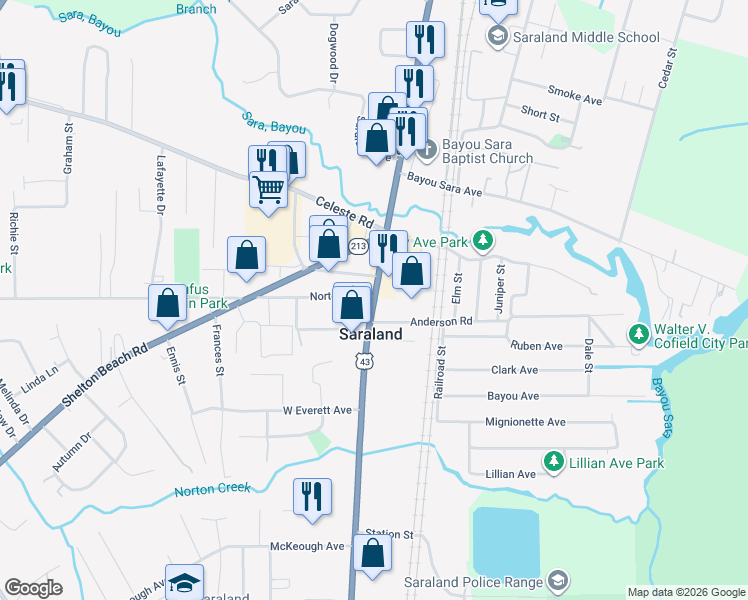 map of restaurants, bars, coffee shops, grocery stores, and more near HIghway 43 South in Saraland