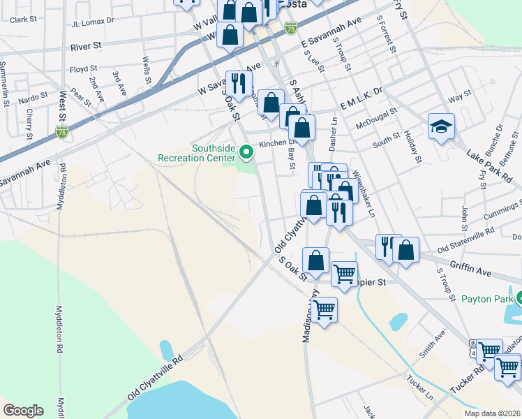 map of restaurants, bars, coffee shops, grocery stores, and more near 812 South Oak Street in Valdosta