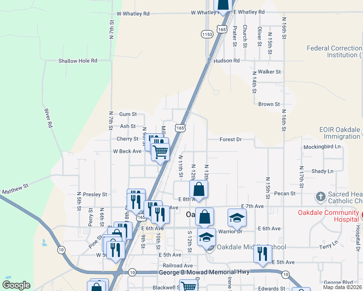 map of restaurants, bars, coffee shops, grocery stores, and more near 413-499 N 12th St in Oakdale