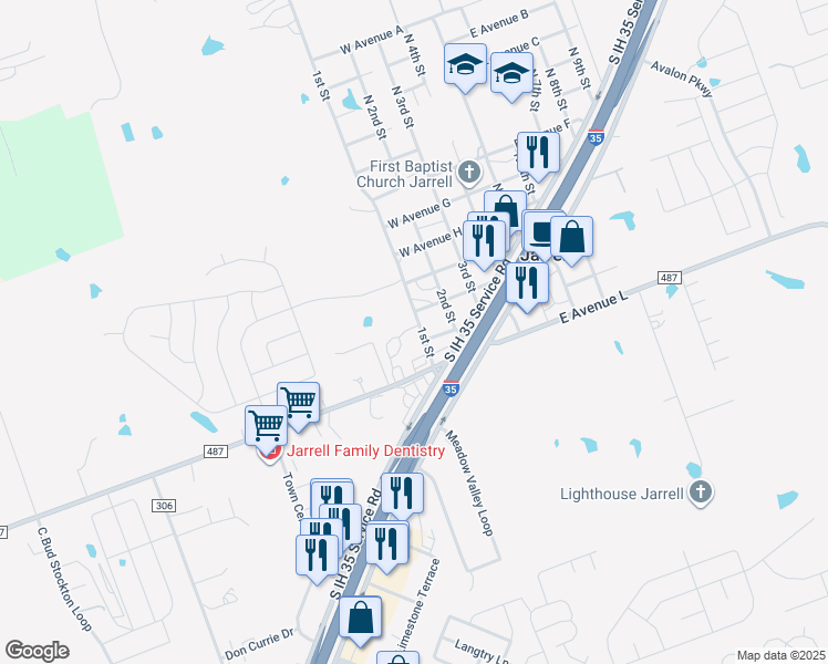 map of restaurants, bars, coffee shops, grocery stores, and more near 203 1st Street in Jarrell